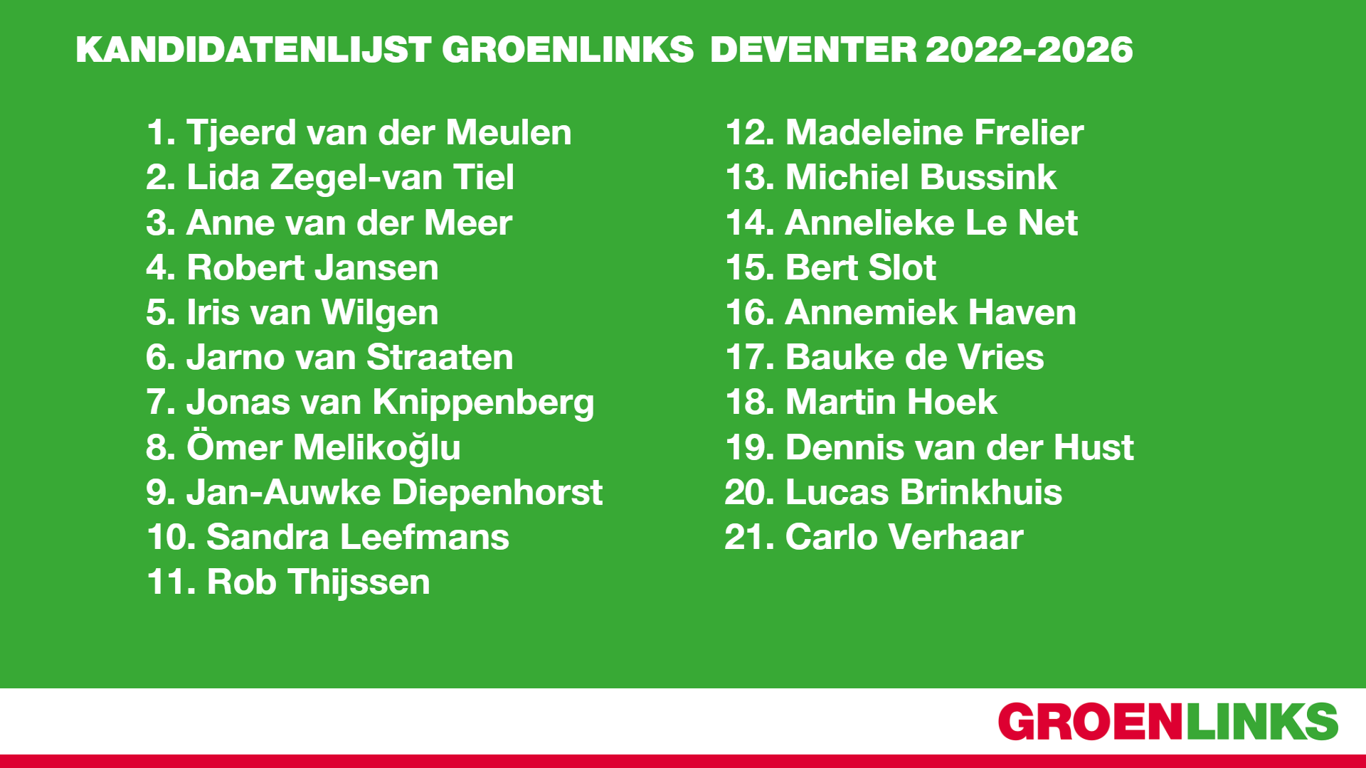 De kandidatenlijst van GroenLinks Deventer voor de gemeenteraadsverkiezingen van 2022